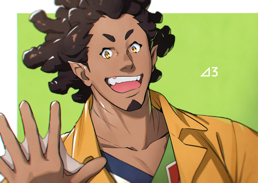 1boy beard brown_hair chuck_mustang collarbone facial_hair green_background hair_behind_ear hairlocs highres jacket macross macross_delta mosako open_mouth pointy_ears short_eyebrows solo v-shaped_eyebrows waving webbed_hands yellow_eyes yellow_jacket