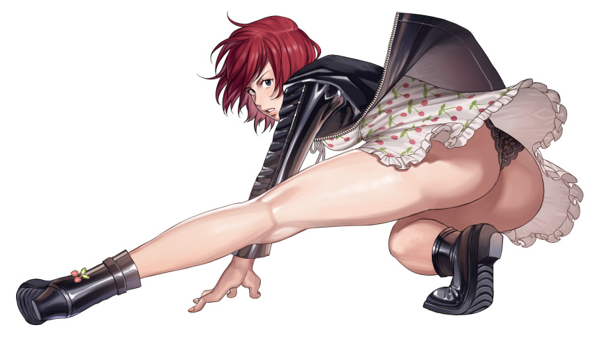 1girl ankle_boots ass black_footwear black_jacket black_panties boots breasts cherry_print dress english_commentary food_print from_behind full_body grey_eyes han_soo-min_(hanny) hanny_(uirusu_chan) highres jacket kicking kneepits lace lace_panties leather leather_jacket open_clothes open_jacket original panties print_dress red_hair short_hair small_breasts solo squatting sundress tekken thighs underwear upskirt white_background white_dress zipper_pull_tab
