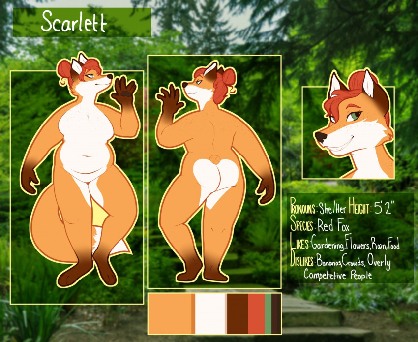 2020 anthro biped breasts butt canid canine dipstick_tail english_text featureless_breasts featureless_crotch female fox green_eyes mammal model_sheet multicolored_tail navel nude scarlett_(softsorbet) softsorbet solo text