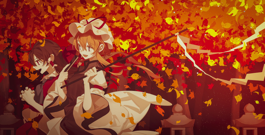 2girls absurdres arm_ribbon ascot autumn_leaves bangs blonde_hair bow brown_hair clenched_hand closed_fan detached_sleeves dress eyebrows_visible_through_hair falling_leaves fan folding_fan frilled_hair_tubes frills from_side gohei hair_between_eyes hair_bow hair_tubes hair_up hakurei_reimu hat hat_ribbon highres holding holding_fan holding_stick leaf long_hair long_skirt long_sleeves looking_away maple_leaf mob_cap multiple_girls nail_polish open_mouth ouka_musci outdoors purple_eyes purple_nails purple_neckwear red_bow red_eyes red_shirt red_skirt ribbon ribbon-trimmed_sleeves ribbon_trim shirt sidelocks skirt sleeveless sleeveless_shirt stick stone_lantern tabard tied_hair touhou tree white_dress wide_sleeves wind wind_lift yakumo_yukari