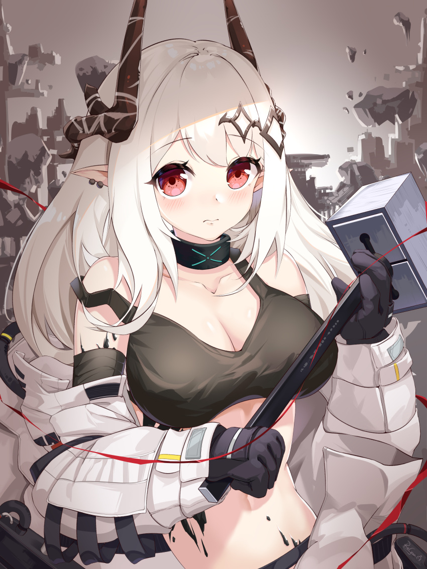 1girl absurdres arknights bangs bare_shoulders black_choker black_gloves blush breasts choker cleavage commentary crop_top eyebrows_visible_through_hair gloves hammer highres holding holding_hammer holding_weapon horns infection_monitor_(arknights) large_breasts long_hair looking_at_viewer midriff mudrock_(arknights) navel off_shoulder oripathy_lesion_(arknights) pointy_ears recyan red_eyes silver_hair solo sports_bra stomach upper_body weapon