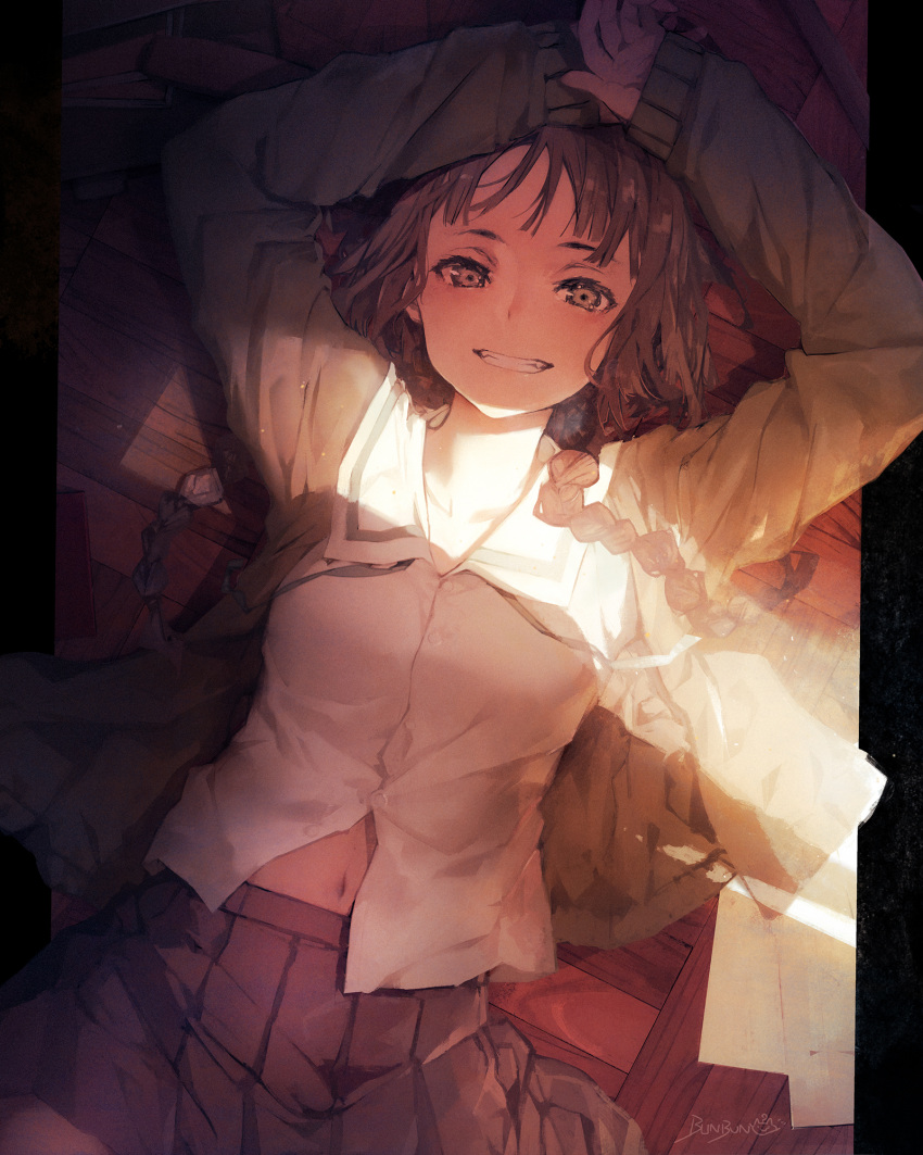 1girl artist_name black_border border braid brown_eyes brown_hair bunbun dress_shirt highres long_hair looking_at_viewer lying navel on_back original outside_border paper pleated_skirt shirt skirt smile wooden_floor