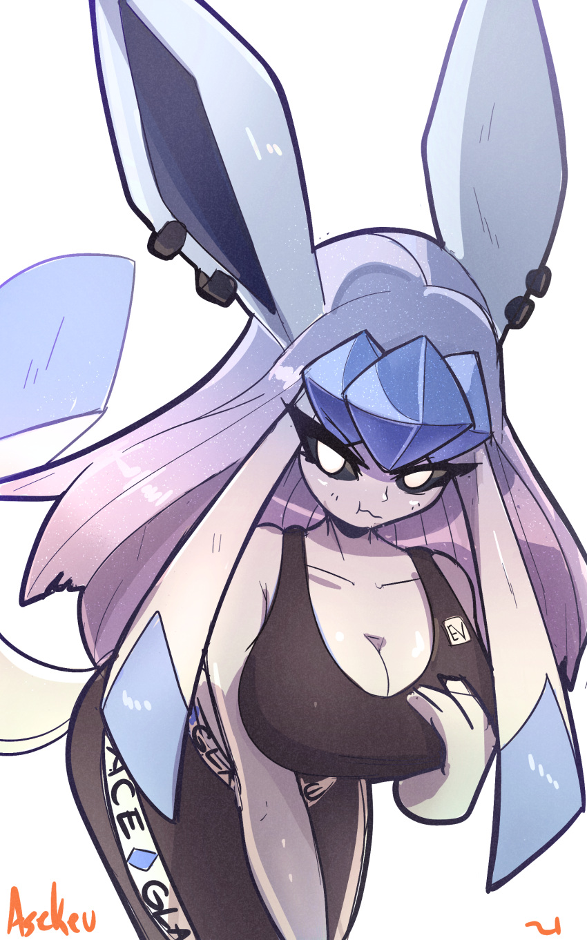 2021 absurd_res anthro asekeu big_breasts blush breasts clothing ear_piercing eeveelution female glaceon hi_res looking_at_viewer nintendo piercing pok&eacute;mon pok&eacute;mon_(species) solo video_games