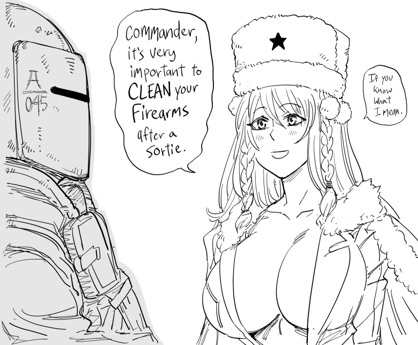 1boy 1girl bangs bb_(baalbuddy) braid breasts cleavage dp28_(girls_frontline) english_text girls_frontline greyscale hair_between_eyes hat helmet highres large_breasts long_hair monochrome rainbow_six_siege speech_bubble tachanka_(rainbow_six_siege) upper_body white_background