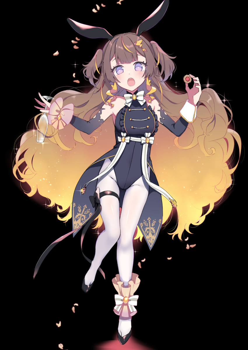 1girl animal_ears anya_melfissa bangs blonde_hair breasts brown_hair bunny_ears detached_sleeves highres hololive hololive_indonesia long_hair looking_at_viewer multicolored_hair open_mouth pantyhose playboy_bunny pochi_(pochi-goya) purple_eyes solo two_side_up virtual_youtuber