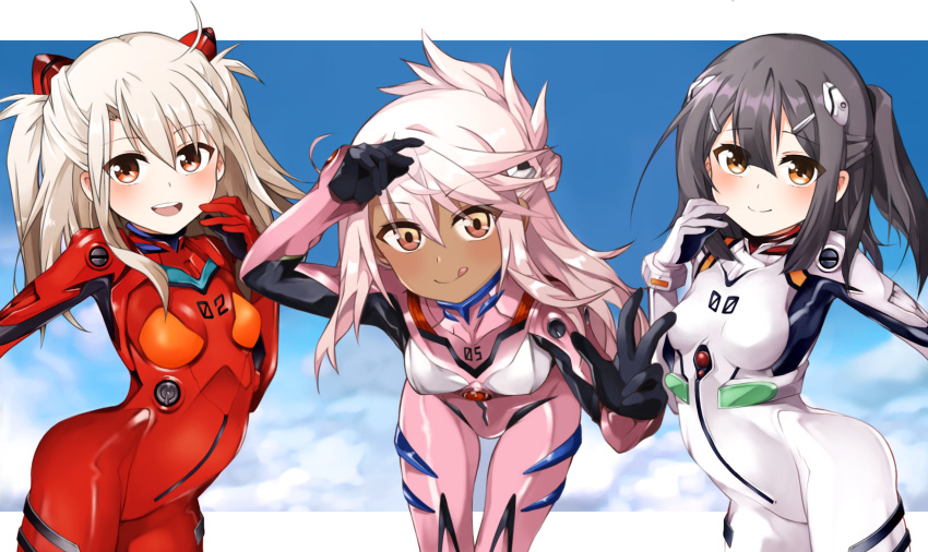 3girls absurdres arm_up ayanami_rei ayanami_rei_(cosplay) bangs black_hair blue_sky blush bodysuit breasts brown_eyes chloe_von_einzbern closed_mouth cloud cosplay dark_skin dark_skinned_female day eyebrows_visible_through_hair fate/kaleid_liner_prisma_illya fate_(series) hair_between_eyes hair_ornament hairclip half_updo highres illyasviel_von_einzbern leaning_forward licking_lips long_hair looking_at_viewer makinami_mari_illustrious makinami_mari_illustrious_(cosplay) miyu_edelfelt mochi_(k620803n) multiple_girls neon_genesis_evangelion open_mouth orange_eyes pillarboxed pink_bodysuit pink_hair plugsuit rebuild_of_evangelion red_bodysuit red_eyes shikinami_asuka_langley shikinami_asuka_langley_(cosplay) sidelocks sky small_breasts smile souryuu_asuka_langley thighs tongue tongue_out twintails two_side_up upper_teeth white_bodysuit white_hair