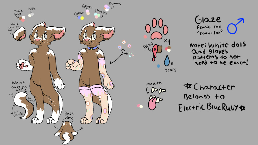 anthro blood bodily_fluids brown_body brown_fur canid canine clothing collar crotch_tuft electricblueruby fennec fox fur glaze_(electricblueruby) happy hi_res legwear male mammal markings model_sheet neck_tuft pawpads silver_eyes smile solo stockings tears teeth tongue tongue_out tuft white_markings