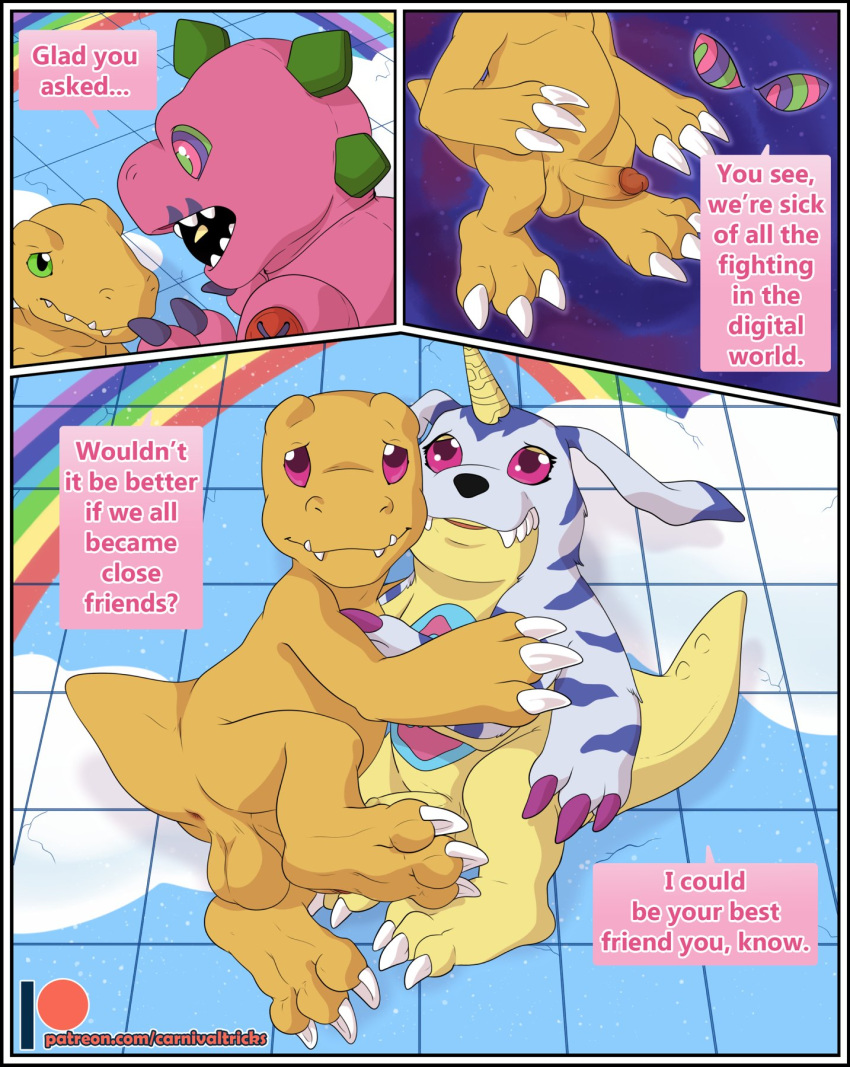 2021 3_claws 3_toes agumon animal_skin anthro anus balls biped claws clothing comic costume dialogue_box digimon digimon_(species) dinosaur disembodied_eyes english_text erection extyrannomon feet fursuit fursuiter gabumon genitals group hi_res humanoid_genitalia humanoid_penis hypnosis klotzzilla male male/male mind_control penis rainbow reptile scales scalie scared short_tail speech_bubble text text_box toes yellow_body yellow_scales