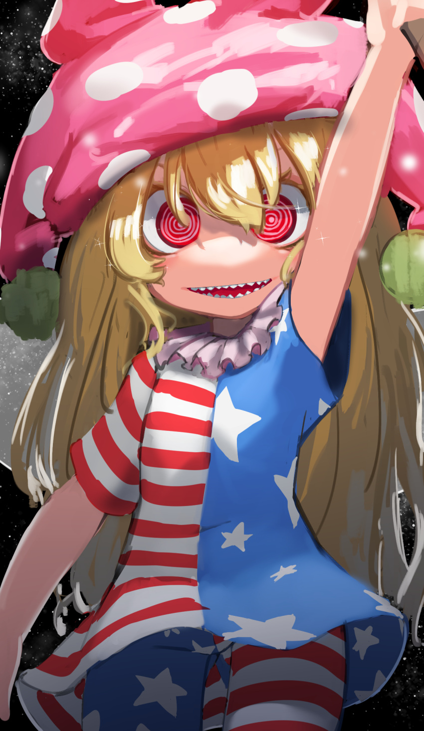 1girl american_flag_dress american_flag_legwear arm_above_head arm_up blonde_hair breasts clownpiece cowboy_shot crazy_eyes dark_background eyebrows_behind_hair fairy_wings hair_between_eyes hat highres jester_cap long_hair looking_at_viewer neck_ruff open_mouth pantyhose pink_headwear polka_dot_headwear red_eyes ringed_eyes sharp_teeth small_breasts smile solo sparkle star_(sky) star_(symbol) star_print teeth thigh_gap touhou v-shaped_eyebrows very_long_hair wings zakozako_y