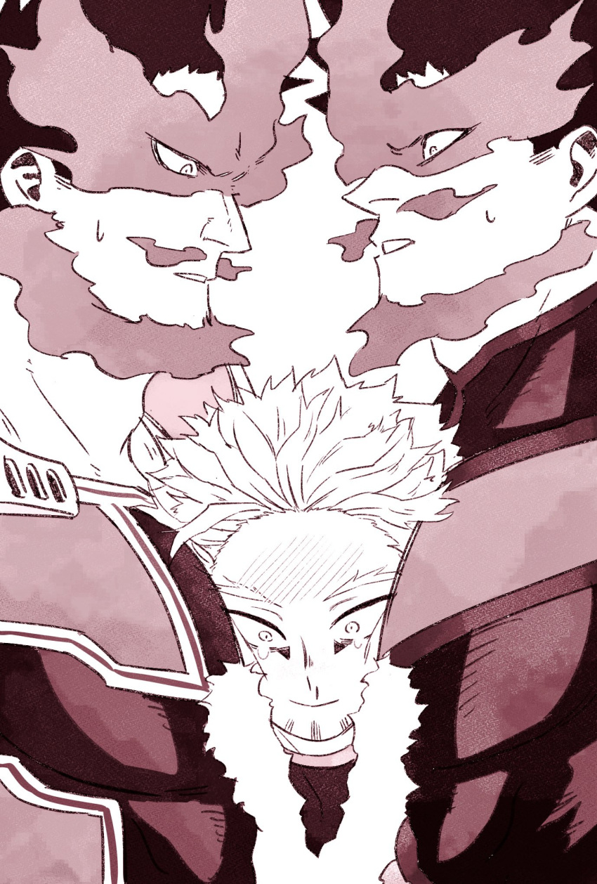 3boys beard ben_(ahan_uhun_345) between_pecs blush bodysuit boku_no_hero_academia boy_sandwich clone covered_abs facial_hair fire hawks_(boku_no_hero_academia) head_between_pecs highres male_focus mature_male monochrome multiple_boys muscular muscular_male mustache pectorals sandwiched short_hair sideburns spiked_hair todoroki_enji upper_body wide-eyed yaoi