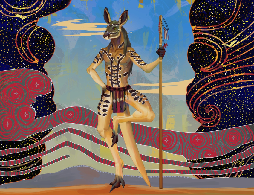 aboriginal abstract_background accessory anthro bodypaint bottomwear clothing cobar_(skoll666) conditional_dnp fantasy hair kangaroo loincloth long_hair macropod magic_user male mammal marsupial mystical outback primal red_kangaroo shaman solo standing stick thick_thighs tribal_spellcaster trunchbull wiry