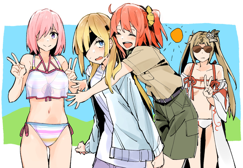 4girls ahoge alternate_costume bangs bare_shoulders belt belt_buckle bikini blonde_hair blue_eyes blue_sky blush breasts brown_hair buckle chaldea_pathfinder cleavage closed_eyes closed_mouth collarbone commentary_request day double_v eyebrows_visible_through_hair eyepatch fate/grand_order fate_(series) fujimaru_ritsuka_(female) glasses green_shorts hair_ornament hair_over_one_eye highres hug hug_from_behind jacket long_hair long_sleeves looking_at_another looking_at_viewer looking_to_the_side mash_kyrielight multiple_girls naosuke_(morioka_shachuu) navel official_alternate_costume open_clothes open_jacket open_mouth ophelia_phamrsolone orange_hair outdoors pink_hair pocket purple_eyes robe scout_uniform see-through shirt short_hair short_sidetail short_sleeves shorts side-tie_bikini sky smile striped striped_bikini sun sunglasses sweatdrop swimsuit swimsuit_of_perpetual_summer_ver.02 twintails uniform v white_bikini white_jacket white_shirt yu_mei-ren_(fate) yu_mei-ren_(swimsuit_lancer)_(fate)