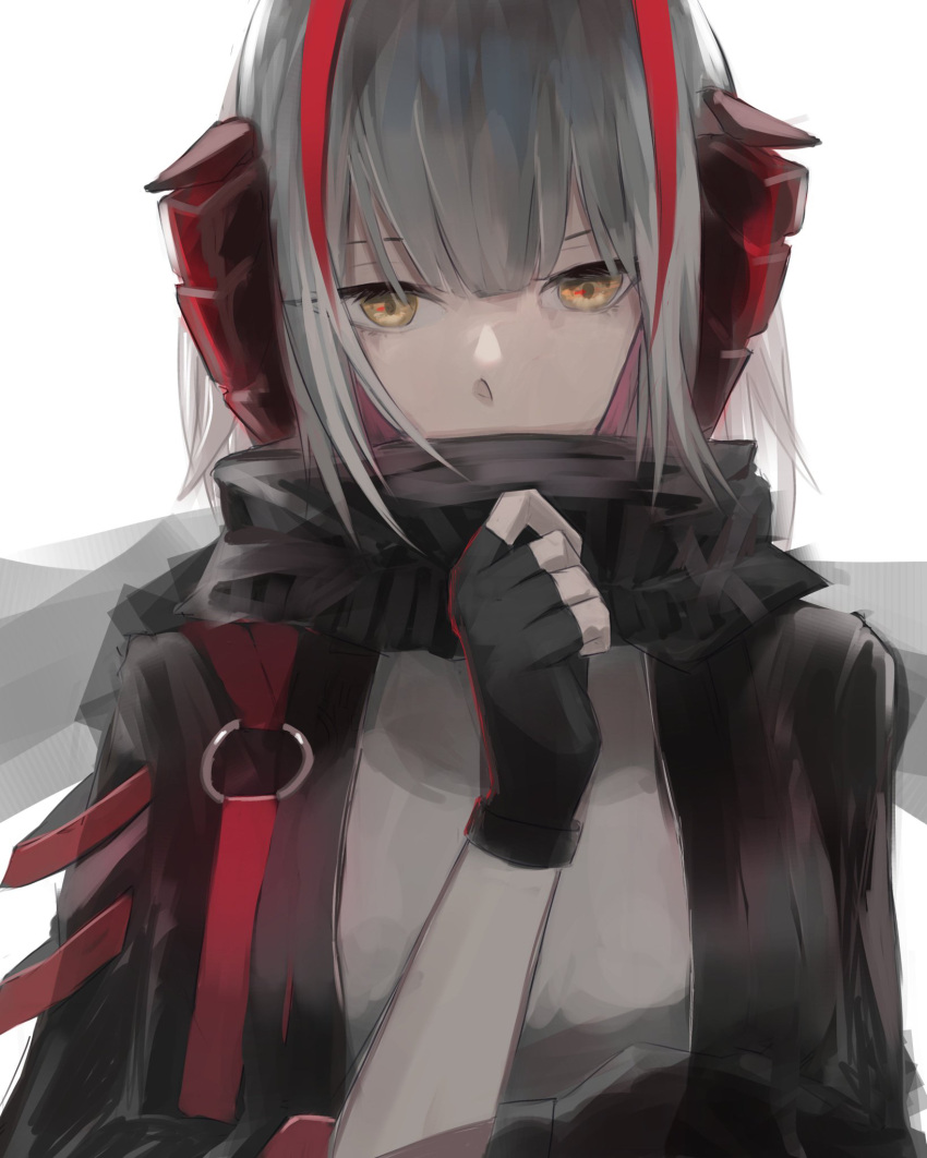 1girl adjusting_scarf antenna_hair arknights black_gloves black_jacket black_scarf breasts commentary demon_horns english_commentary fingerless_gloves gloves grey_hair grey_shirt hair_between_eyes hand_up highres horns jacket long_hair medium_breasts open_clothes open_jacket red_hair scarf shirt simple_background solo thinking upper_body w_(arknights) white_background yaruyan yellow_eyes