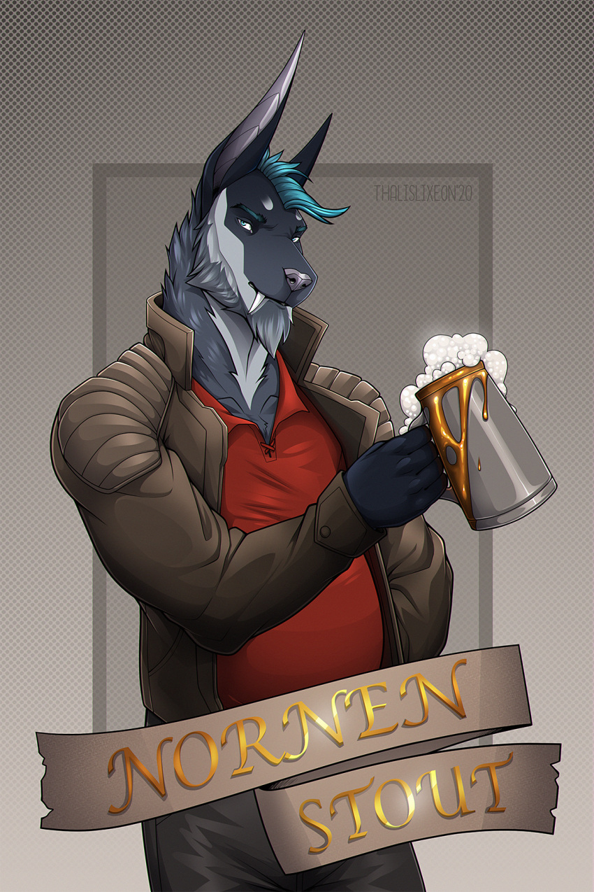 acrador alcohol anthro banner beard beer beer_foam beer_mug belly beverage canid canine cheers clothing commercial digital_media_(artwork) facial_hair ghorah_(hexo)_khar hi_res jacket leather leather_clothing leather_jacket leather_topwear male mammal ripped_ear solo standing stout thalislixeon topwear