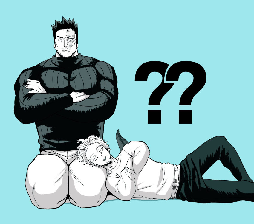 2boys ?? aqua_theme bara blonde_hair blue_eyes boku_no_hero_academia bulge casual couple crossed_arms facial_hair feathered_wings haruto_(hit23ewluvnpfo6) hawks_(boku_no_hero_academia) highres lap_pillow large_pectorals looking_at_viewer male_focus mature_male monochrome multiple_boys muscular muscular_male official_alternate_costume red_hair scar scar_across_eye short_hair sideburns spiked_hair stubble sweater thick_thighs thighs todoroki_enji wings yaoi