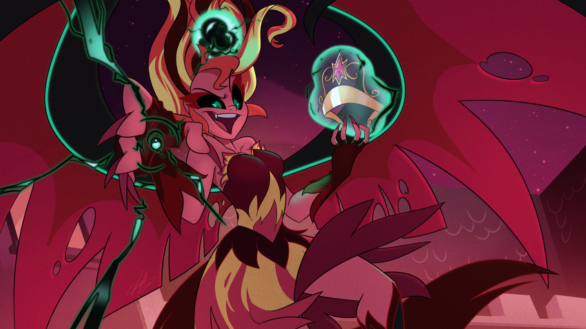 animal_humanoid black_sclera blue_eyes clothing crown dark_magic demon dress equestria_girls fangs flying hi_res humanoid light262 magic membrane_(anatomy) membranous_wings my_little_pony red_body red_skin solo sunset_shimmer_(eg) tiara winged_humanoid wings