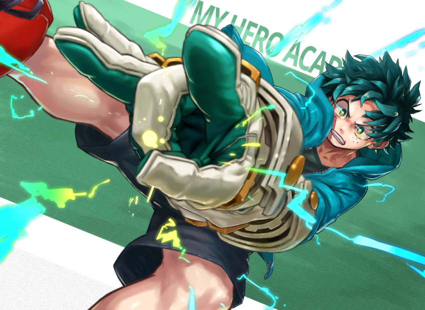 1boy 4o080_yotabnc action black_shorts boku_no_hero_academia clenched_teeth commentary_request copyright_name elbow_gloves flick freckles gloves green_background green_eyes green_gloves green_hair green_shirt highres hood hood_down hoodie male_focus midoriya_izuku red_footwear shirt shorts solo sparks spiked_hair teeth two-tone_background two-tone_gloves white_background white_gloves