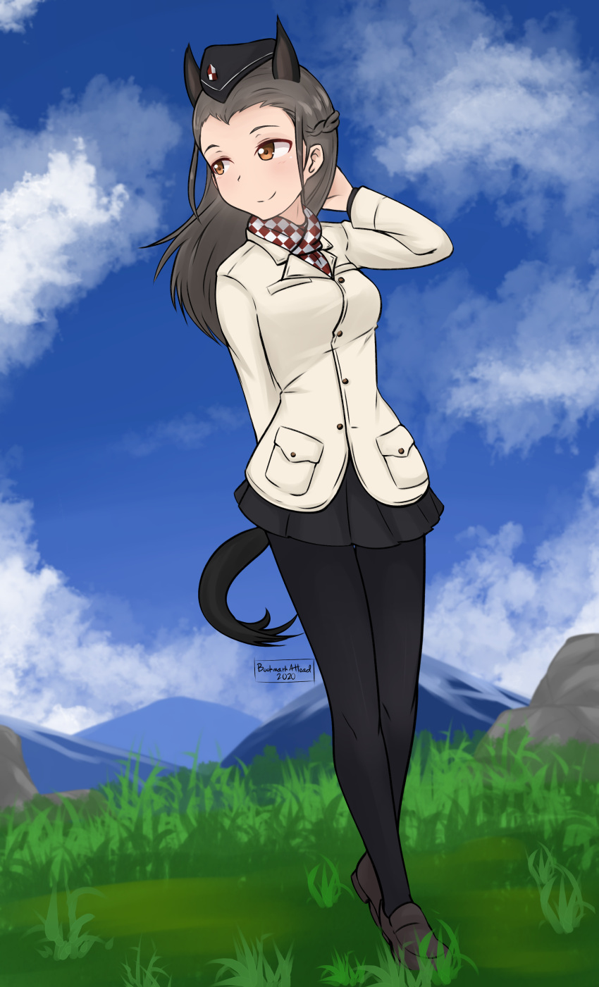 1girl absurdres arm_behind_back blue_sky bookmarkahead braid brown_eyes brown_hair cloud crown_braid dutch_angle garter_straps grass hand_in_hair highres long_hair looking_to_the_side military mountain pantyhose sky smile solo uniform wiktoria_urbanowicz world_witches_series