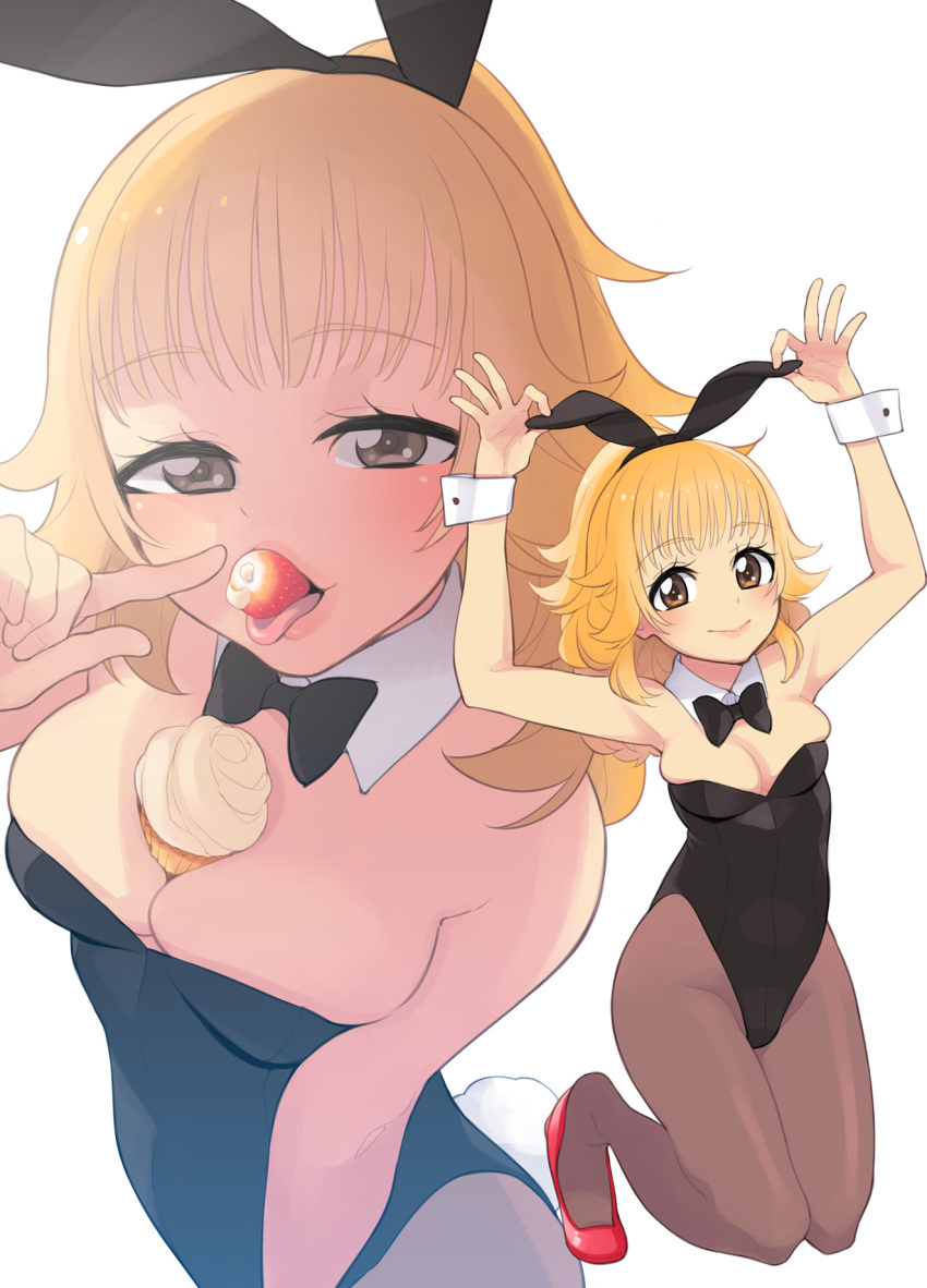 1girl animal_ears armpits arms_up bangs bare_shoulders black_hairband black_legwear black_leotard blonde_hair breasts brown_eyes bunny_ears bunny_tail cleavage close-up collarbone detached_collar face fake_animal_ears fake_tail food food_between_breasts food_in_mouth from_above fruit full_body hairband higashiyama_seika highleg highleg_leotard highres ice_cream ice_cream_cone index_finger_raised kneeling large_breasts leotard lips long_hair looking_at_viewer multiple_views pantyhose pink_lips playboy_bunny pointing pointing_at_self precure red_footwear sexually_suggestive shoes simple_background smile strapless strapless_leotard strawberry suite_precure tail tongue tongue_out ukokkei upper_body wavy_hair white_background wrist_cuffs zoom_layer