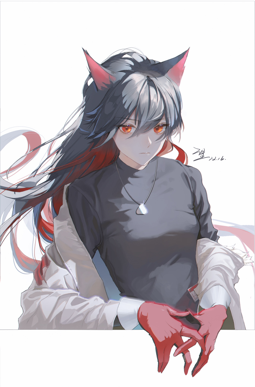 1girl absurdres animal_ears arknights at_wang black_hair black_shirt border breasts floating_hair gloves highres jacket jacket_partially_removed jewelry long_hair multicolored_hair necklace outside_border red_eyes red_gloves red_hair shirt signature simple_background small_breasts solo texas_(arknights) texas_(winter_messenger)_(arknights) two-tone_hair upper_body white_background white_jacket wolf_ears