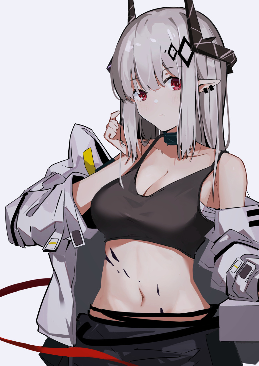 1girl absurdres arknights black_pants black_tank_top blush breasts chichi_guai cleavage closed_mouth coat collarbone commentary crop_top demon_horns ear_piercing english_commentary expressionless eyebrows_visible_through_hair grey_background hair_between_eyes hair_ornament hand_in_hair highres horns infection_monitor_(arknights) long_hair looking_at_viewer medium_breasts midriff mudrock_(arknights) navel off_shoulder open_clothes open_coat oripathy_lesion_(arknights) pants piercing pointy_ears red_eyes red_ribbon ribbon sarashi shade silver_hair simple_background solo straight_hair tank_top white_coat