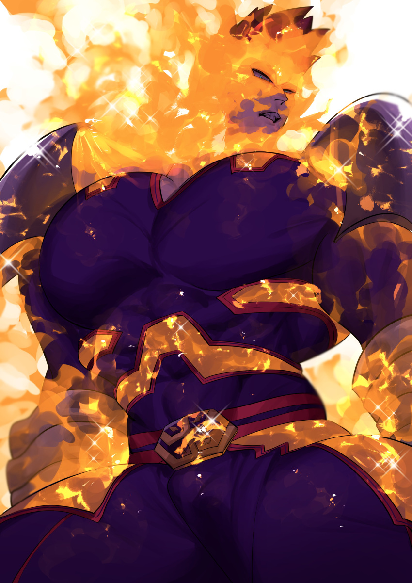 1boy absurdres armor bara beard blue_bodysuit blue_eyes bodysuit boku_no_hero_academia bulge bursting_pecs covered_abs facial_hair fire highres konishi_(zatuizatui598) large_pectorals male_focus mature_male muscular muscular_male pauldrons pectorals red_hair scar scar_across_eye short_hair shoulder_armor sideburns solo spiked_hair thick_thighs thighs todoroki_enji