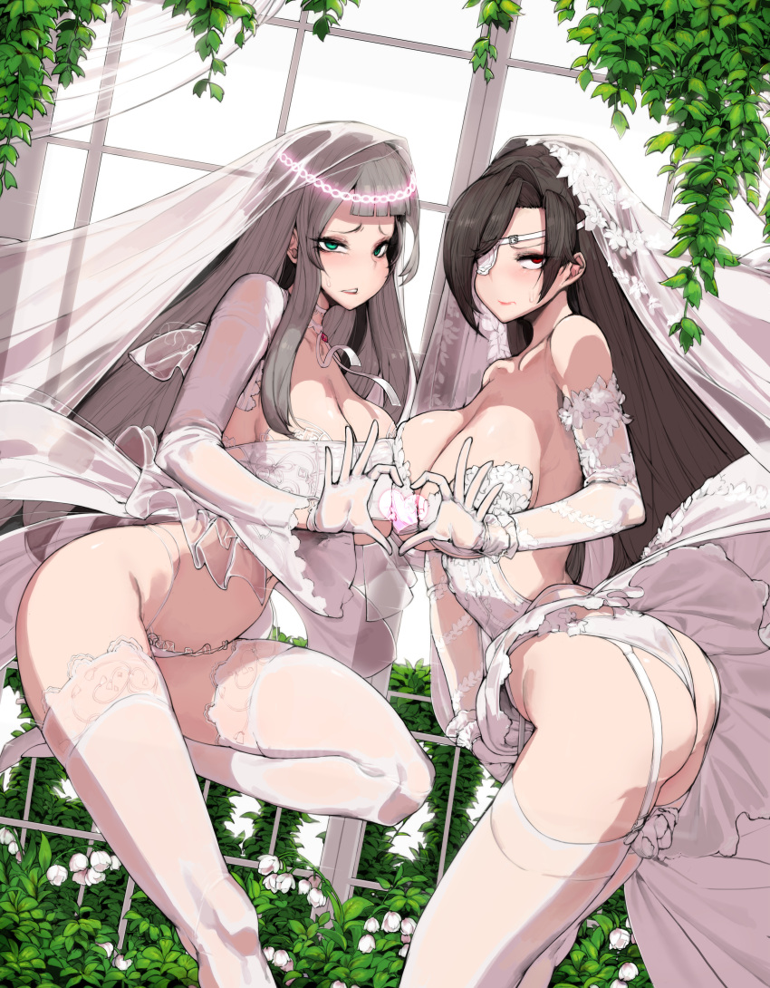 2girls absurdres alternate_costume ass breasts bridal_veil cleavage collarbone counter_side deliciousmeatart dress eyepatch flower green_eyes heart heart_hands heart_hands_duo highres large_breasts lee_sooyeon long_hair multiple_girls plant red_eyes replacer_queen see-through thighhighs veil wedding_dress