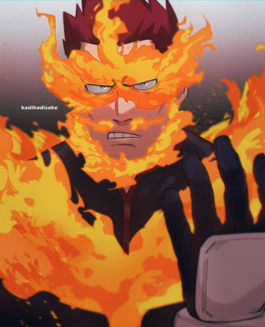1boy beard blue_bodysuit blue_eyes bodysuit boku_no_hero_academia face facial_hair fire frown gloves highres ka_ji looking_at_viewer male_focus mature_male muscular muscular_male portrait pout red_hair short_hair sideburns solo spiked_hair straight-on todoroki_enji upper_body vambraces
