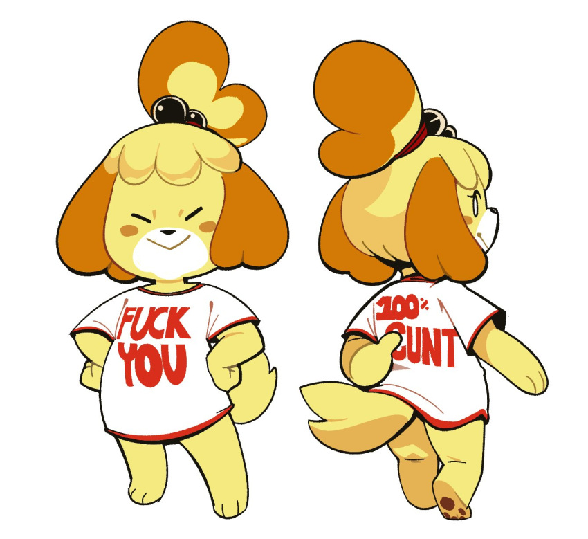 2018 accessory animal_crossing anthro barefoot biped blonde_hair blush blush_stickers bottomless bottomwear canid canine canis clothed clothing domestic_dog english_text eyes_closed feet female floppy_ears full-length_portrait fur hair hair_accessory hands_on_hips hi_res isabelle_(animal_crossing) looking_back mammal mangneto multiple_images nintendo portrait proud rear_view shih_tzu shirt short_hair simple_background skirt slur smile solo standing text topknot topwear toy_dog video_games white_background white_body white_fur yellow_body yellow_fur