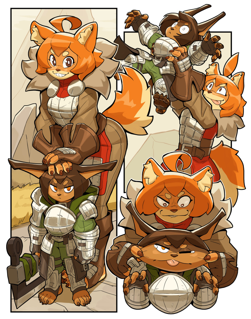 2021 absurd_res anthro armor blep breastplate brown_body brown_fur brown_hair canid canine canis ceehaz comic dog_knight_rpg domestic_dog duo female fur hair hi_res holding_character hybrid larger_female maci_(ceehaz) mammal orange_body orange_fur orange_hair pomeranian revenge rory_(ceehaz) size_difference smaller_female spitz tongue tongue_out
