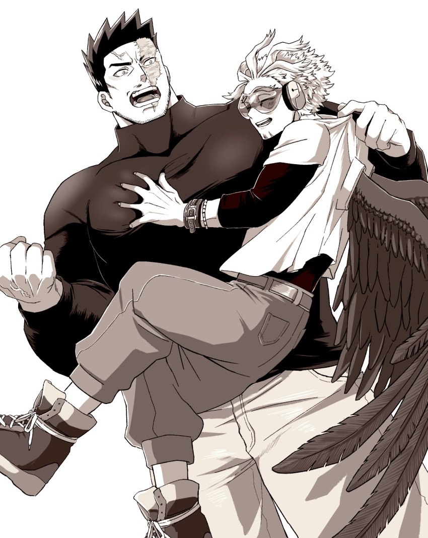 2boys angel_wings bara black_shirt blonde_hair blue_eyes boku_no_hero_academia couple facial_hair feathered_wings grabbing greyscale haruto_(hit23ewluvnpfo6) hawks_(boku_no_hero_academia) highres large_pectorals male_focus mature_male monochrome multiple_boys muscular muscular_male pectoral_grab red_hair scar scar_across_eye shirt short_hair sideburns smile spiked_hair stubble tight tight_shirt todoroki_enji wings yaoi