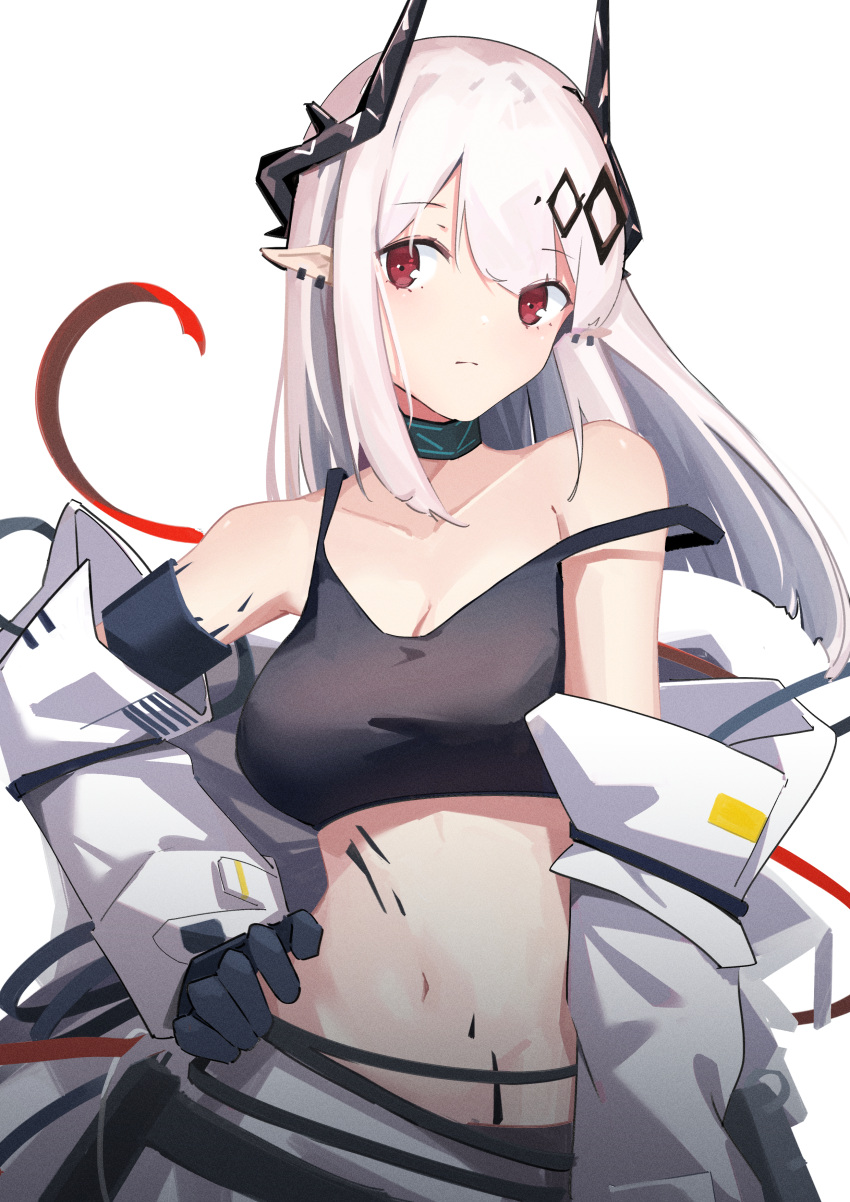 1girl absurdres arknights armband black_gloves black_tank_top breasts chichi_guai chinese_commentary cleavage closed_mouth coat collarbone commentary cowboy_shot crop_top demon_horns ear_piercing expressionless eyebrows_visible_through_hair gloves hair_ornament hand_on_hip highres horns infection_monitor_(arknights) long_hair looking_at_viewer looking_to_the_side medium_breasts midriff mudrock_(arknights) navel off_shoulder open_clothes open_coat oripathy_lesion_(arknights) piercing pointy_ears red_eyes silver_hair simple_background solo strap_slip tank_top white_background white_coat