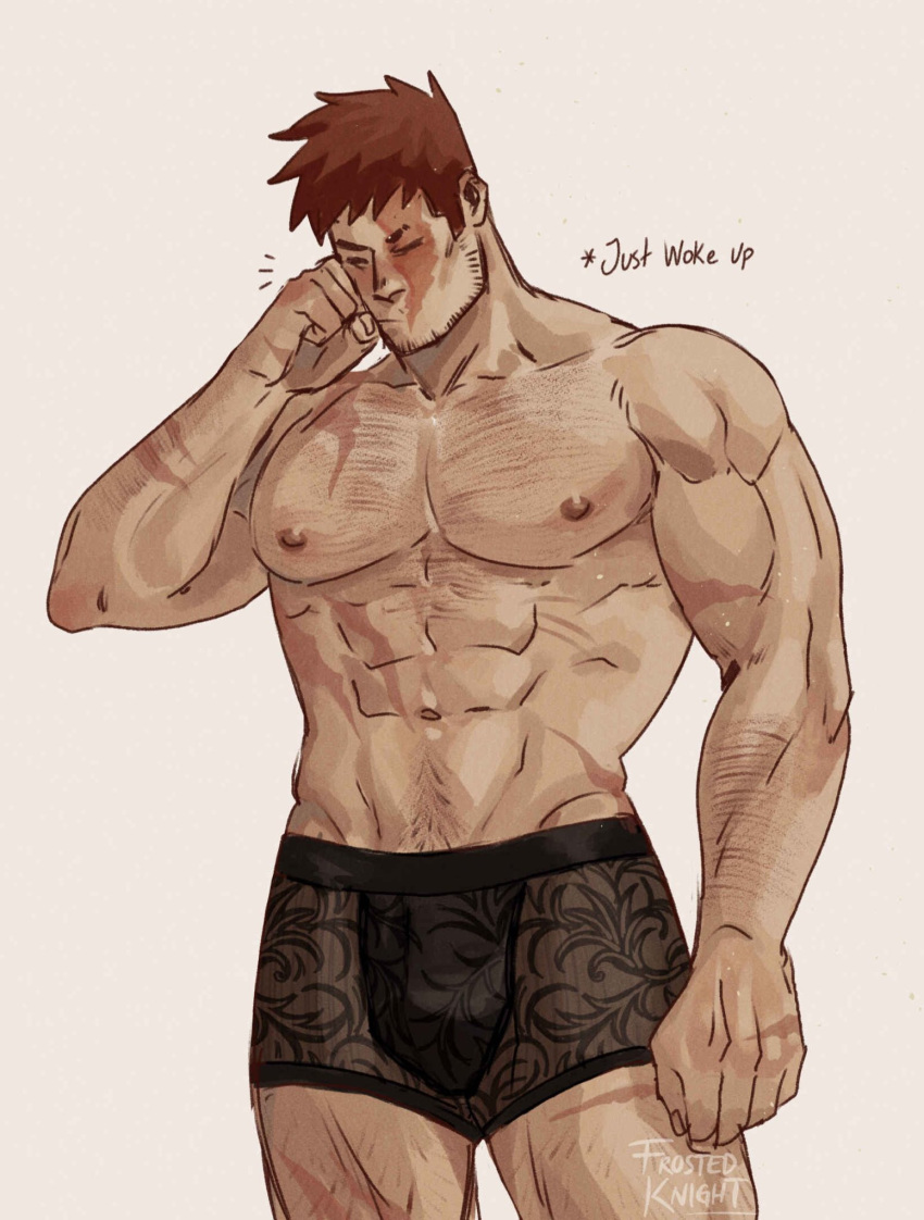 1boy abs arm_hair bara beard boku_no_hero_academia brown_male_underwear bulge chest_hair cowboy_shot facial_hair highres large_pectorals leg_hair leo_(frosted_knight) male_focus mature_male muscular muscular_male navel navel_hair nipples print_male_underwear red_hair scar scar_across_eye scar_on_arm scar_on_chest short_hair sideburns solo spiked_hair stubble thick_thighs thighs todoroki_enji underwear underwear_only