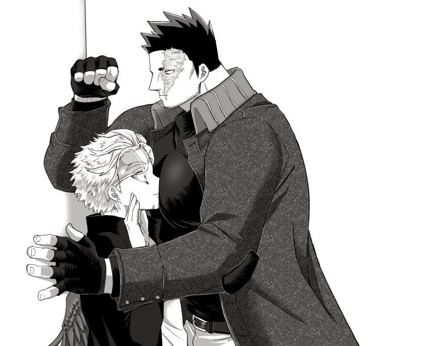 2boys alternate_costume bara between_pecs blonde_hair blue_eyes boku_no_hero_academia coat couple face_to_pecs facial_hair feathered_wings fingerless_gloves from_side gloves greyscale haruto_(hit23ewluvnpfo6) hawks_(boku_no_hero_academia) head_between_pecs highres large_pectorals male_focus mature_male monochrome multiple_boys muscular muscular_male open_clothes open_coat pectorals profile red_hair scar scar_across_eye shirt short_hair sideburns spiked_hair stubble tight tight_shirt todoroki_enji upper_body wall_slam wings yaoi