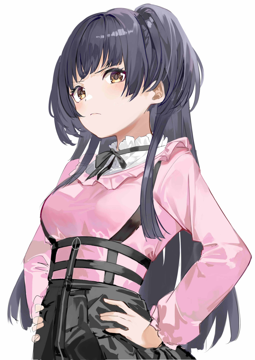 1girl absurdres black_hair black_ribbon blush breasts commentary hairlocs hands_on_hips haruyuki_(gffewuoutgblubh) highres idolmaster idolmaster_shiny_colors long_hair long_sleeves looking_at_viewer mayuzumi_fuyuko medium_breasts neck_ribbon ribbon simple_background solo two_side_up upper_body white_background yellow_eyes