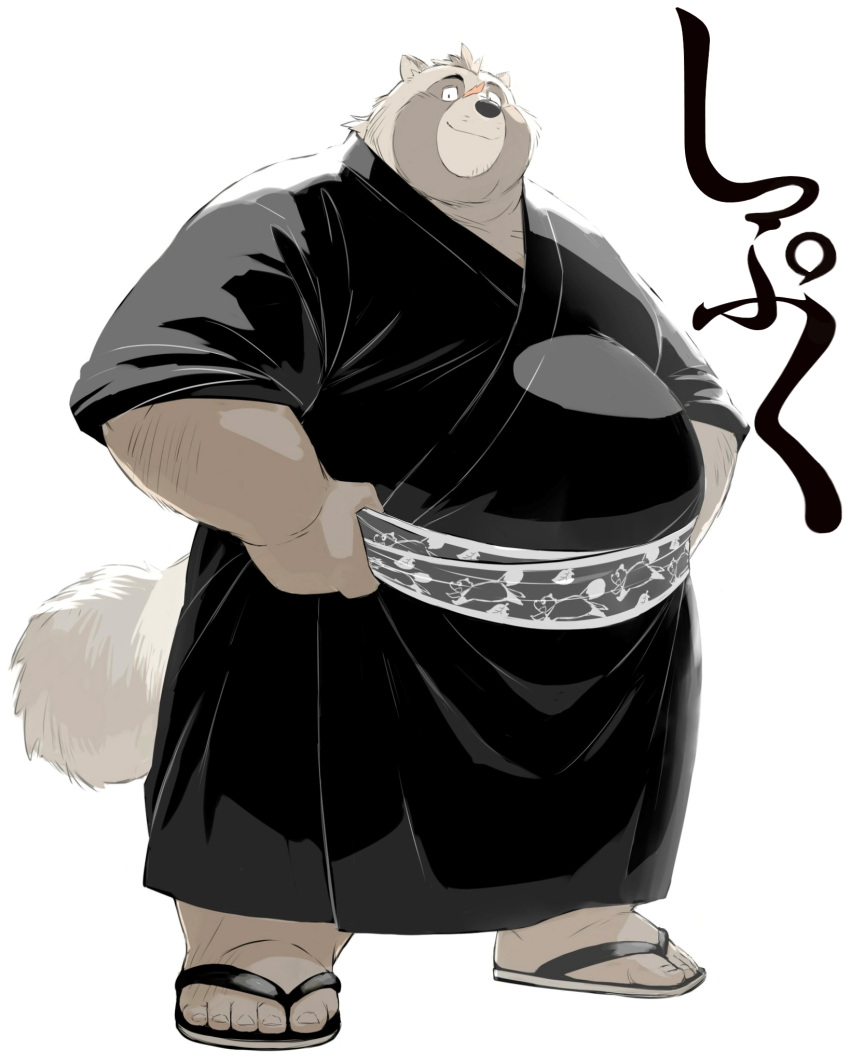2021 anthro brown_body brown_fur canid canine clothing footwear fur hi_res kemono male mammal overweight overweight_anthro overweight_male raccoon_dog sandals sessa simple_background solo tanuki white_background