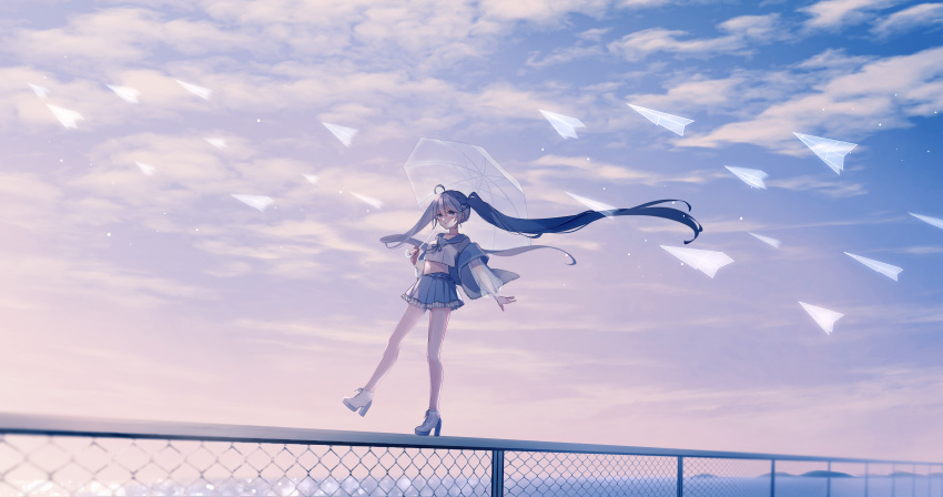 1girl absurdres ahoge balancing bare_legs blouse blue_eyes blue_hair blue_ribbon blue_sailor_collar blue_skirt boots chain-link_fence choker cloud crop_top fence floating_hair frilled_skirt frills hatsune_miku high_heel_boots high_heels highres holding holding_umbrella huge_filesize leg_up long_hair long_sleeves midriff miniskirt navel on_fence paper_airplane platform_footwear pleated_skirt ragi_(diabolik_angle) ribbon sailor_collar see-through_sleeves skirt sky solo stomach thigh_strap transparent transparent_umbrella twintails umbrella unzipped very_long_hair vocaloid walking_on_fence white_blouse white_footwear wide_shot