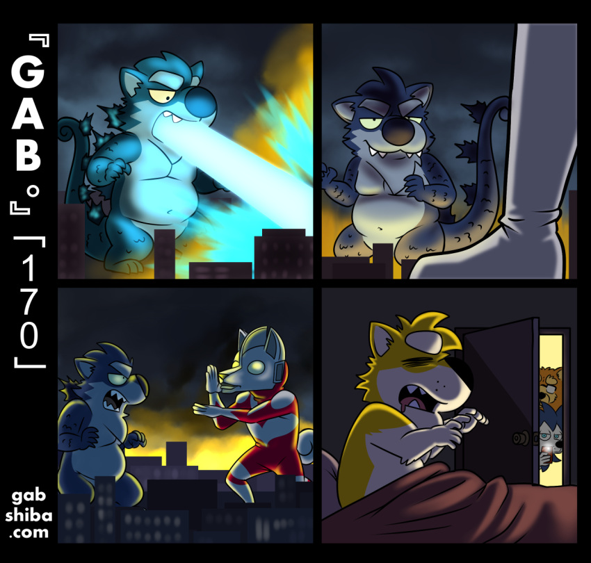 anthro bau_husky bed bedroom being_watched breath_powers canid canine canis cellphone chow_chow city comic convenient_censorship destruction domestic_dog dream duo elemental_manipulation eyes_closed fire fire_breathing fire_manipulation fur furniture gab_shiba gabshiba godzilla godzilla_(series) holding_cellphone holding_object holding_phone husky imminent_fight inside kaiju looking_at_another macro male mammal night nordic_sled_dog nude on_bed phone recording shiba_inu spitz text toho ultraman ultraman_(series) under_covers url wang_chow yellow_body yellow_fur