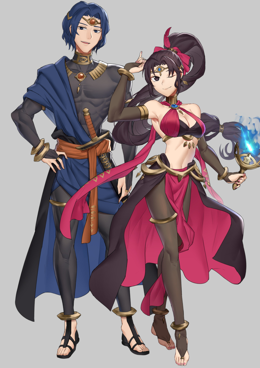 1boy 1girl absurdres alternate_costume anklet arm_up bangs bare_shoulders black_hair blue_eyes blue_hair bodystocking bodysuit breasts bridal_gauntlets brown_eyes cleavage closed_mouth earrings ebinku feathers fingernails fire_emblem fire_emblem:_thracia_776 fire_emblem_heroes full_body gradient gradient_clothes hair_ornament highres holding jewelry lara_(fire_emblem) lips loincloth long_hair looking_at_viewer medium_breasts midriff muscular nail_polish navel one_eye_closed open_mouth pelvic_curtain perne_(fire_emblem) ponytail revealing_clothes sandals sheath sheathed shiny shiny_clothes shiny_hair silver_background simple_background skin_tight smile standing sword tiara tied_hair toe_ring toeless_footwear toeless_legwear toes toned weapon