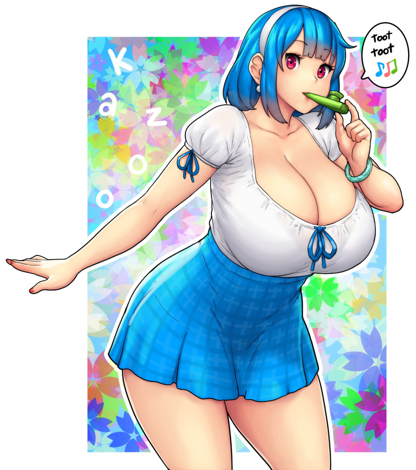 1girl blouse blue_hair blue_skirt breasts cleavage curvy english_text erkaz floral_background hairband highres huge_breasts instrument kazoo medium_hair original red_eyes rina_atherina shirt skirt speech_bubble thighs white_hairband white_shirt