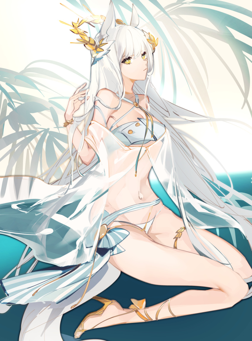 1girl animal_ears aonogura arknights bare_legs bikini bracelet breasts cleavage closed_mouth commentary criss-cross_halter expressionless full_body gold_footwear halterneck hand_in_hair high_heels highres horse_ears horse_tail jewelry laurel_crown long_hair looking_at_viewer medium_breasts navel official_alternate_costume platinum_(arknights) platinum_(shimmering_dew)_(arknights) sash see-through simple_background sitting solo stomach striped_sash swimsuit tail thighlet thighs very_long_hair white_background white_bikini white_hair yellow_eyes