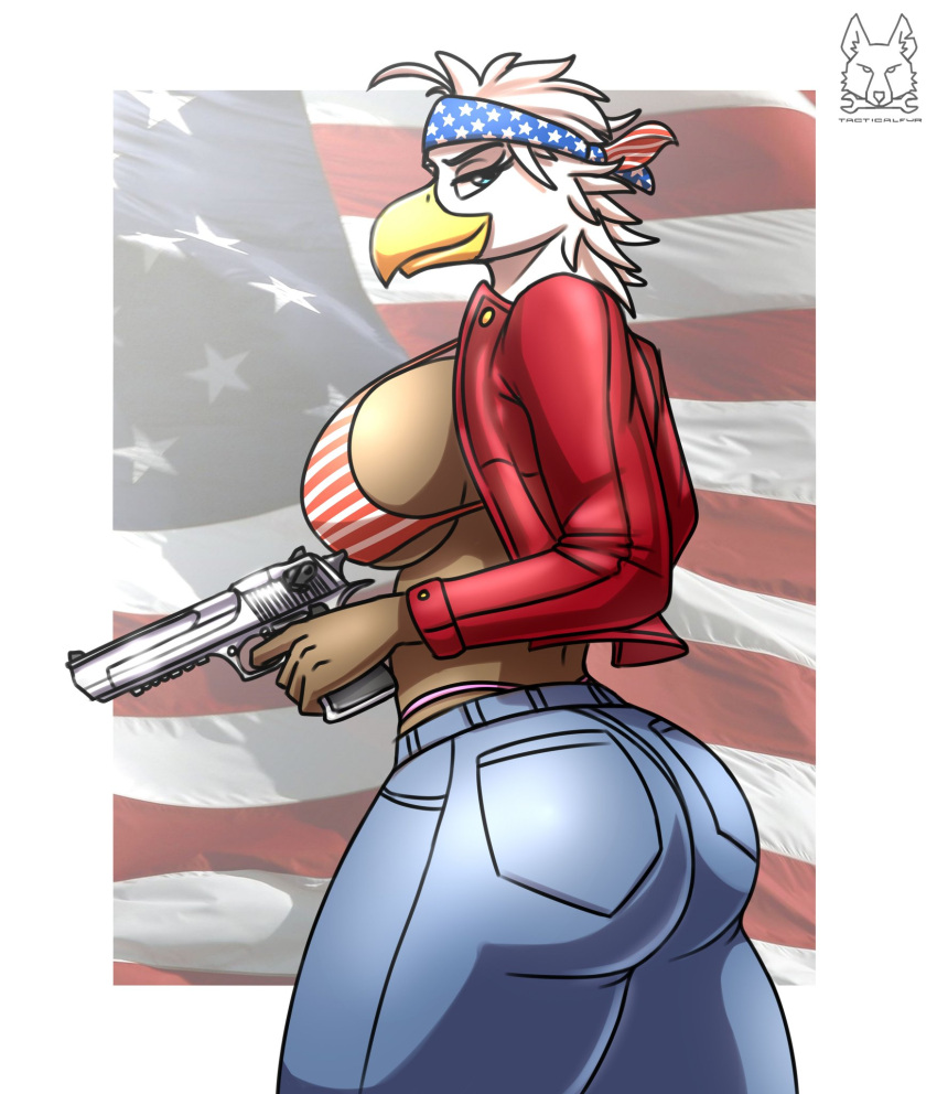 2020 accessory accipitrid accipitriform anthro avian bald_eagle beak bedroom_eyes big_breasts big_butt bird blue_eyes border bra breasts brown_body brown_feathers butt butt_pose clothed clothing curvy_figure desert_eagle digital_media_(artwork) eagle eyelashes feathers female flag_background gun handgun headband hi_res holding_gun holding_object holding_weapon huge_breasts looking_at_viewer looking_back looking_back_at_viewer metalfoxxx multicolored_body multicolored_feathers narrowed_eyes non-mammal_breasts open_clothing open_topwear patriotic_clothing pinup pistol portrait pose ranged_weapon rear_view rosie_(breegulleagle) sea_eagle seductive side_boob signature simple_background smile solo stars_and_stripes thick_thighs three-quarter_portrait topwear underwear united_states_of_america weapon white_body white_border white_feathers wide_hips yellow_beak