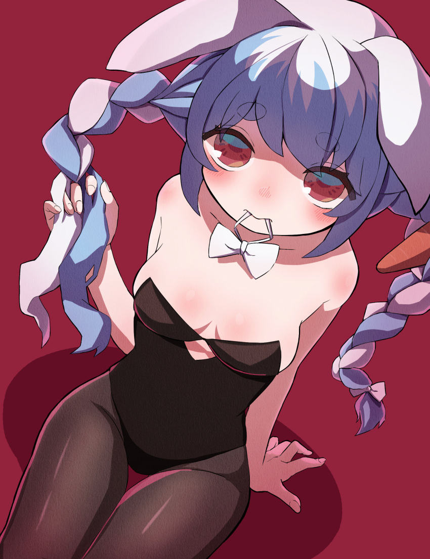 1girl absurdres animal_ears arm_support bangs bare_shoulders black_legwear black_leotard blue_hair blush braid braiding_hair breasts bunny_ears carrot_hair_ornament cleavage cowboy_shot cutout_above_navel embarrassed food_themed_hair_ornament from_above hair_ornament hair_tie hair_tie_in_mouth hairdressing highres hikimayu hololive leotard long_hair looking_at_viewer looking_up medium_breasts mouth_hold multicolored_hair ogu_(oguogu0523) pantyhose playboy_bunny red_eyes reflective_eyes short_eyebrows sitting solo strapless strapless_leotard swept_bangs thick_eyebrows thigh_gap twin_braids twintails two-tone_hair usada_pekora virtual_youtuber white_hair