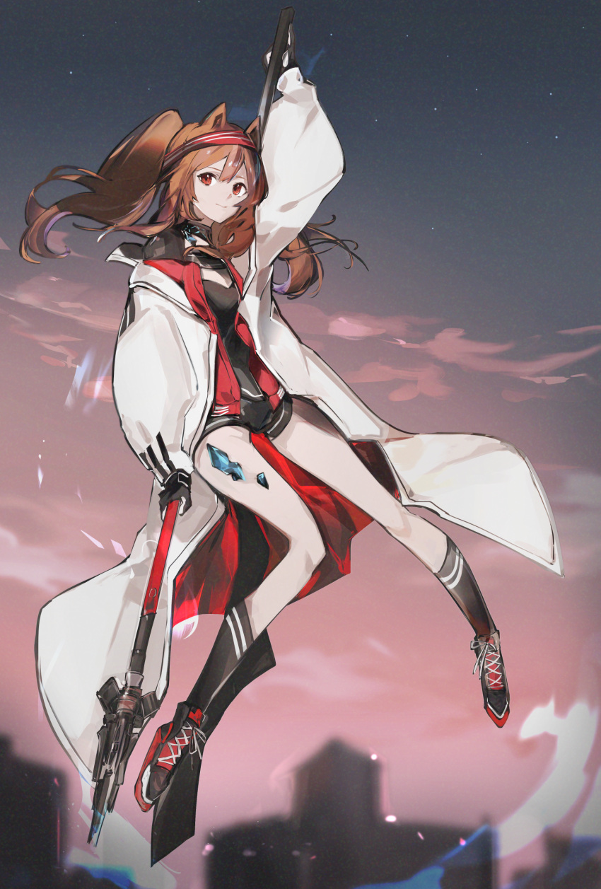1girl angelina_(arknights) animal_ears aonogura arknights black_footwear black_gloves black_shirt black_shorts breasts brown_hair closed_mouth cloud cloudy_sky coat commentary cross-laced_footwear floating fox_ears gloves hair_between_eyes hairband highres holding holding_staff infection_monitor_(arknights) light_smile long_hair looking_at_viewer medium_breasts open_clothes open_coat oripathy_lesion_(arknights) outdoors red_eyes shirt shoes short_shorts shorts sky smile socks solo staff twintails white_coat