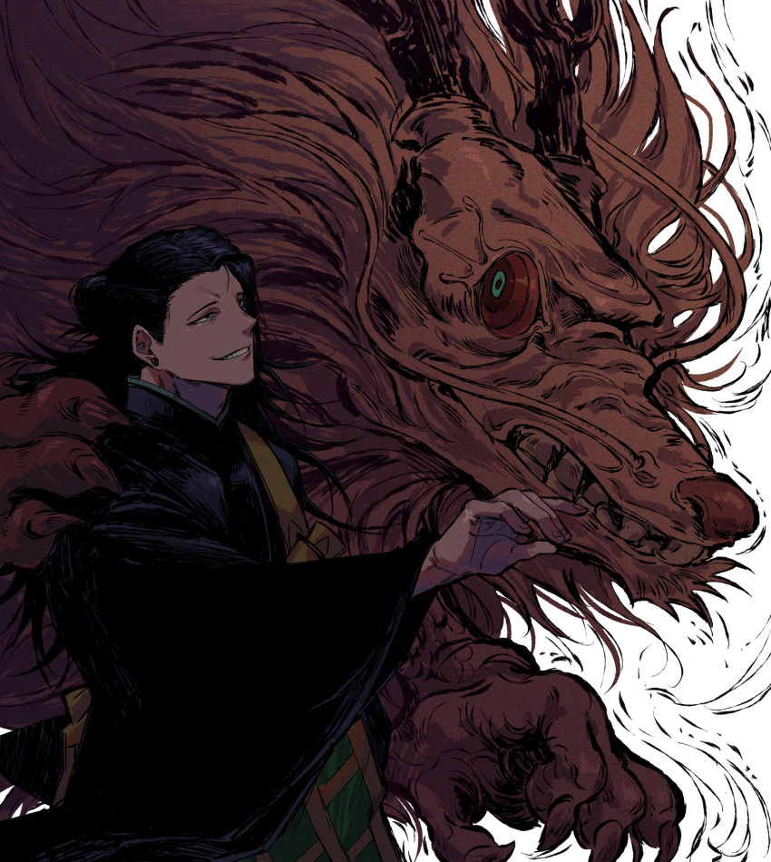 1boy bared_teeth black_hair claws dragon earrings from_side getou_suguru gojo_lover hair_bun highres horns jewelry jujutsu_kaisen long_hair male_focus outstretched_hand robe simple_background smile spiral_eyes teeth upper_body whiskers white_background