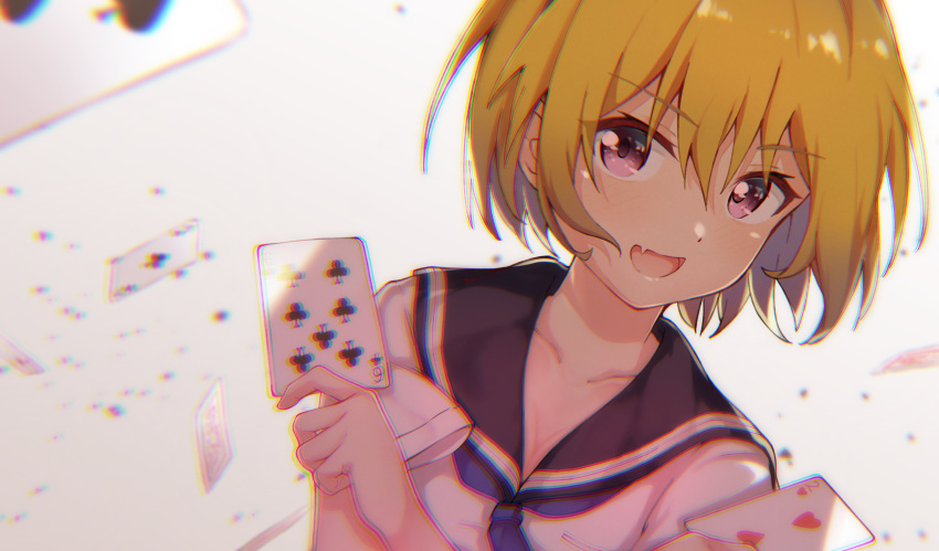 1girl :d absurdres ace_of_clubs bangs blonde_hair blue_neckwear blurry card chromatic_aberration club_(shape) collarbone depth_of_field dot_nose eyebrows_visible_through_hair fang floating_card heart highres higurashi_no_naku_koro_ni holding holding_card houjou_satoko looking_at_viewer neckerchief open_mouth pizza_(artist) playing_card purple_eyes sailor_collar school_uniform serafuku shiny shiny_hair short_hair short_sleeves six_of_clubs skin_fang smile spade_(shape) two_of_hearts upper_body white_background