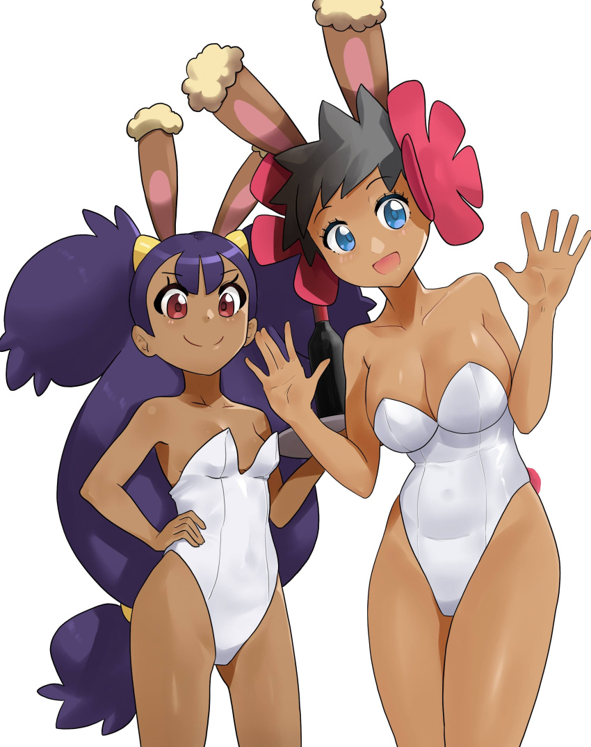 2girls absurdres alternate_costume bangs blue_eyes blush breasts buneary cleavage closed_mouth collarbone commentary covered_navel dark_skin dark_skinned_female english_commentary eyelashes flower gen_4_pokemon hair_flower hair_ornament hair_tie hand_on_hip hands_up height_difference highres iris_(pokemon) leaning_to_the_side leotard long_hair looking_at_viewer monkey_jon multiple_girls open_mouth phoebe_(pokemon) playboy_bunny pokemon pokemon_(game) pokemon_bw pokemon_ears pokemon_oras purple_hair red_eyes short_hair smile tied_hair white_leotard