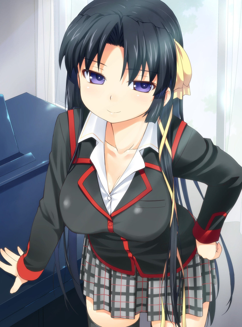 1girl absurdres bakutendou black_hair black_legwear breasts cleavage commentary_request cowboy_shot grey_skirt hair_ribbon highres kurugaya_yuiko little_busters! long_hair medium_breasts plaid plaid_skirt pleated_skirt purple_eyes ribbon school_uniform second-party_source skirt solo standing thighhighs yellow_ribbon