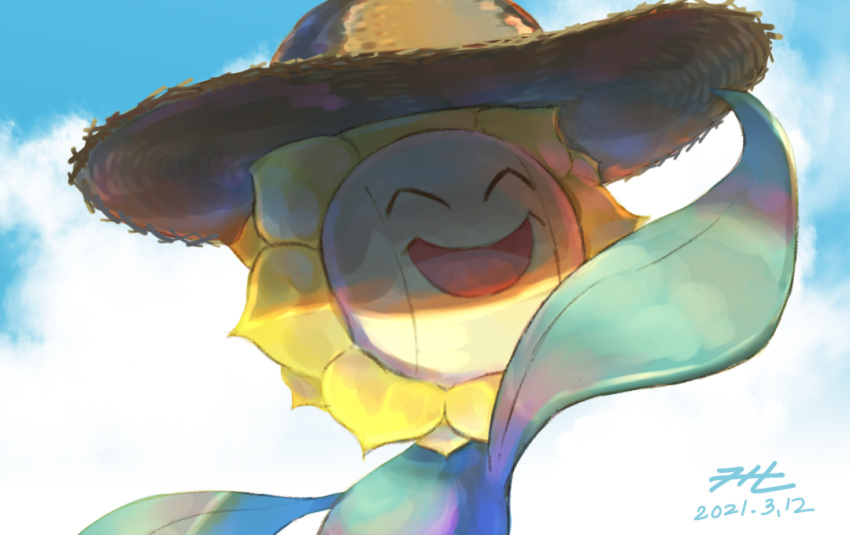 closed_eyes cloud commentary_request dated day gen_2_pokemon hat hatted_pokemon no_humans null_suke one-hour_drawing_challenge open_mouth outdoors pokemon pokemon_(creature) signature sky smile solo straw_hat sunflora tongue