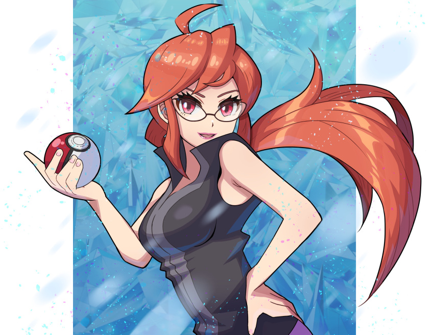 1girl bangs bare_shoulders black_shirt elite_four glasses hand_on_hip highres lipstick long_hair looking_at_viewer lorelei_(pokemon) makeup open_mouth poke_ball pokemon pokemon_(game) pokemon_frlg popped_collar red_eyes red_hair sgnj1838 shirt sleeveless sleeveless_shirt smile solo